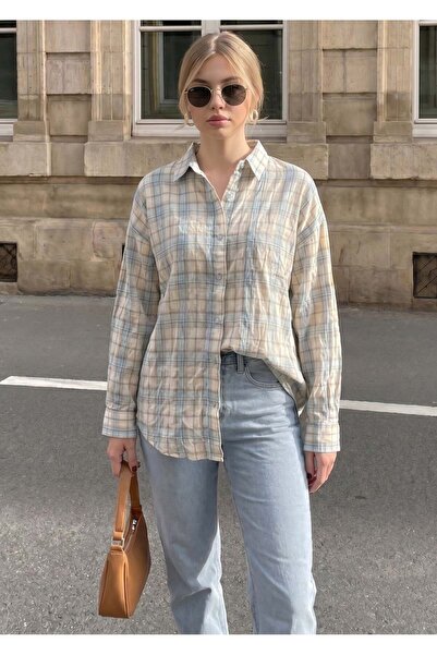 Madmext Blue Basic Square Patterned Women's Shirt Mg2828