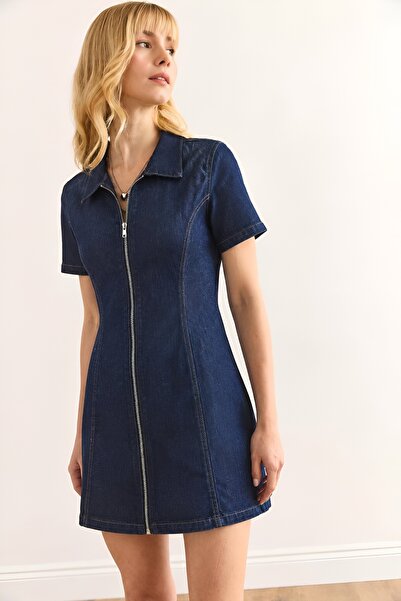 ETESIAN Kadın Lacivert Fermuarlı Mini Denim Elbise ARANAN ELBİSE
