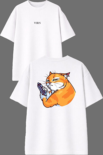 VSRN Mafia Cat Design Front and Back Printed White Oversize t Shirt