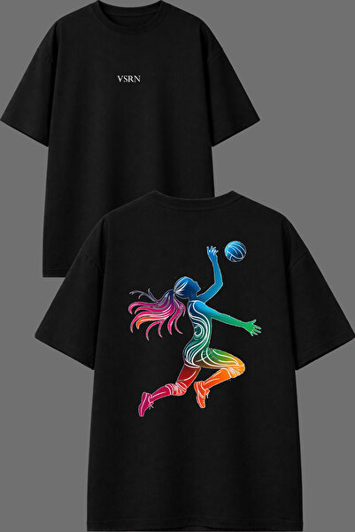 VSRN Volleyball Block Design Front and Back Printed Black Oversize T-Shirt