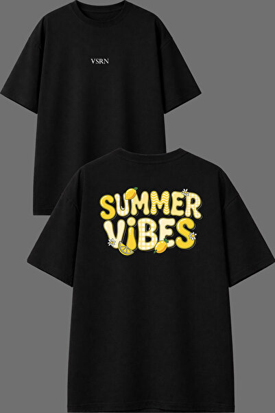VSRN تي شيرت Summer Vıbes Design مطبوع من الأمام والخلف باللون الأسود مقاس كبير