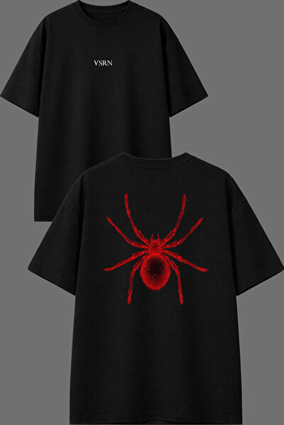 VSRN Tricou oversize negru cu imprimeu față și spate, design Red Parıldar Spider