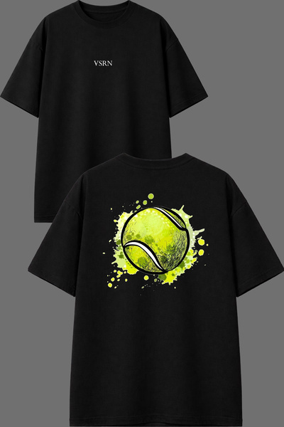 VSRN Tricou oversize negru cu imprimeu față și spate, design cu minge de tenis