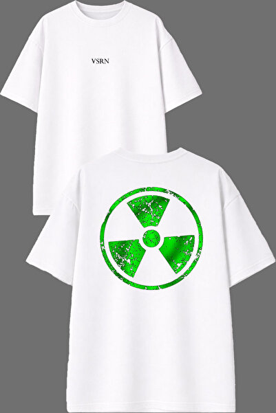 VSRN Tricou oversize alb cu imprimeu în față și în spate, cu design verde rad...