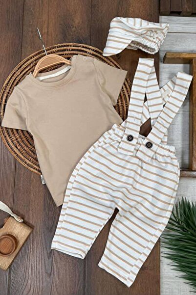 Minigimin Cicileri My Little One's Striped Slopet and Hat Baby Boy Set - Beige