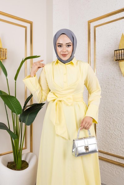 Giza Giyim Women's Standard Collar Buttoned Fixed Belted Loose Sleeve Hijab Dress