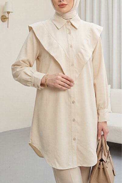 Modamorfo Imported Crepe Tunic with V Detail and Long Buttons on the Back -Beige