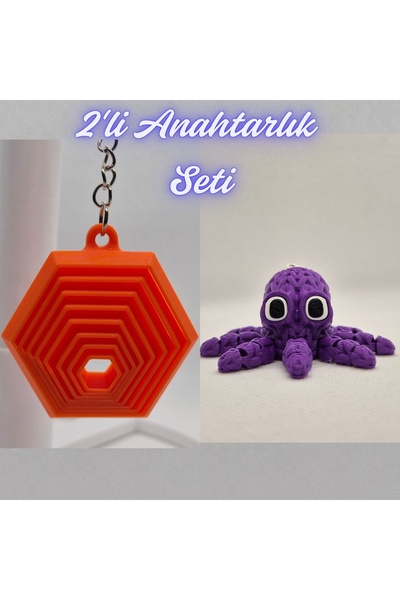 3DAtölyeMaker Orange Moving Hexagon and Purple Knitted Pattern Octopus Keychain