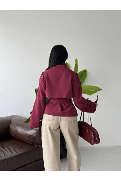 VESS MODA Dik Yaka ZR Model Astarlı Arkası Rüzgarlık Detaylı Kuşaklı Kısa Trençkot