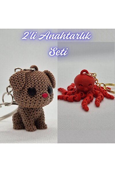 3DAtölyeMaker Dark Brown Knitted Patterned Dog and Pink Octopus Keychain