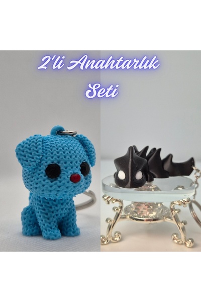 3DAtölyeMaker Light Blue Knitted Patterned Dog and Black Flexible Dragon Keyc...