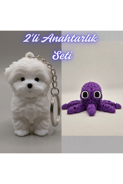 3DAtölyeMaker White Maltese Terrier and Purple Knitted Pattern Octopus Keychain