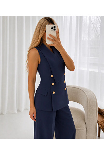 Ekim Store Kruvaze Yaka Gold Düğmeli Yelek Pantolon Blazer Takım
