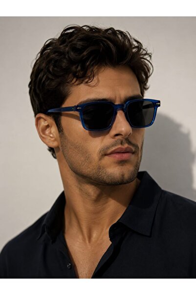 LİYA3D Blue Frame Unisex Sunglasses Uv400 Protection Square Design Black Glass