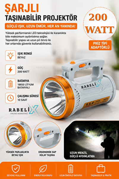 Rabelix Online Marketing Şarjlı 200 Watt Güçlü Işık 10 Saat Kullanım Beyaz Iş...