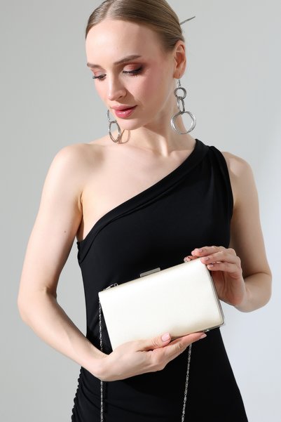 BALANZ Geantă de seară pentru femei din satin auriu strălucitor, model elegant pentru evenimente de seară