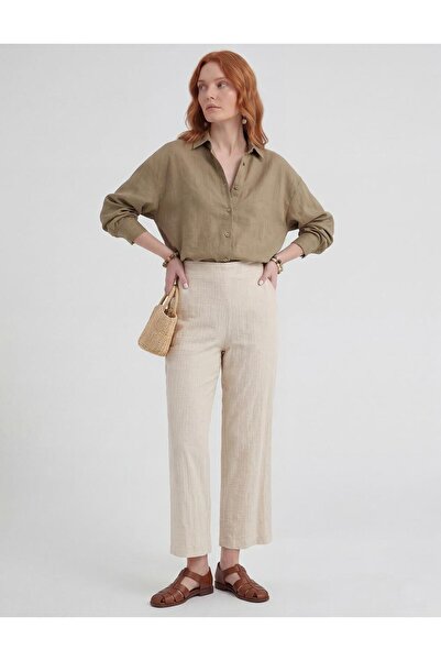 Kayra Elastic Waist Ribbed Trousers Cream