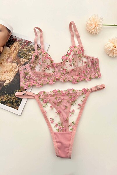 lamelif Embroidery Detailed Floral Pattern Bra Set Pink