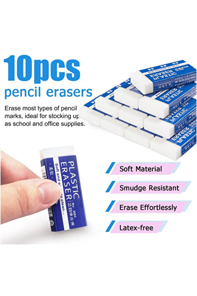 Eraser 10 Pcs Soft Set, 4CM White PVC Plastic Rubber 2B Pencil Student Drawin...