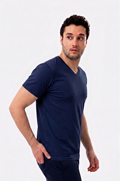 UNIQVIBE Organic Cotton Navy Blue Men's Short Sleeve V-Neck T-Shirt