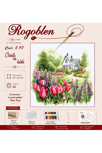 Rogoblen Kit de cusut Casuta cu lalele - set goblen cu pânză, diagrame alb-ne...