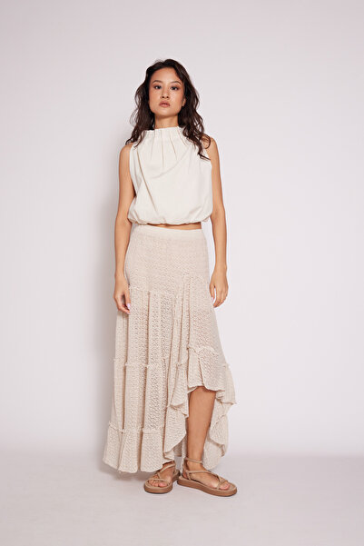 Nisan Asymmetric Ruffled Knit Skirt Stone
