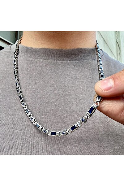 MS Mercan Silver Gümüş Safir Taşlı Erkek Zincir Kolye