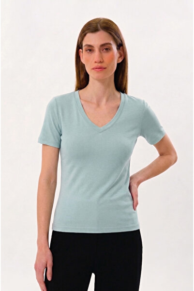 UNIQVIBE Organic Cotton Aqua Green Women's Short Sleeve V-Neck T-Shirt