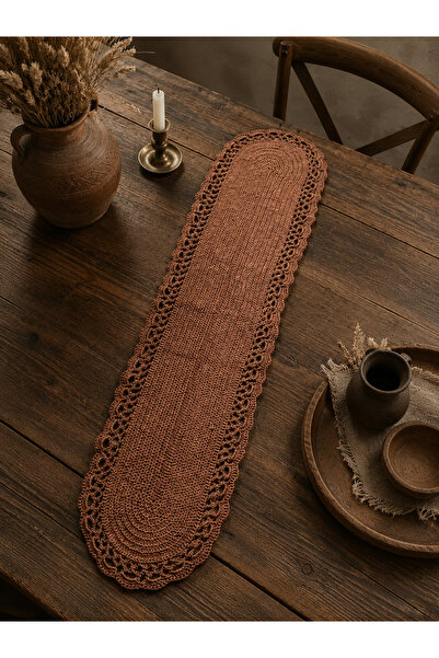 ŞAH TEXTILE DESIGN Bronz kahve makrome el örgüsü rustik runner 30x120 cm