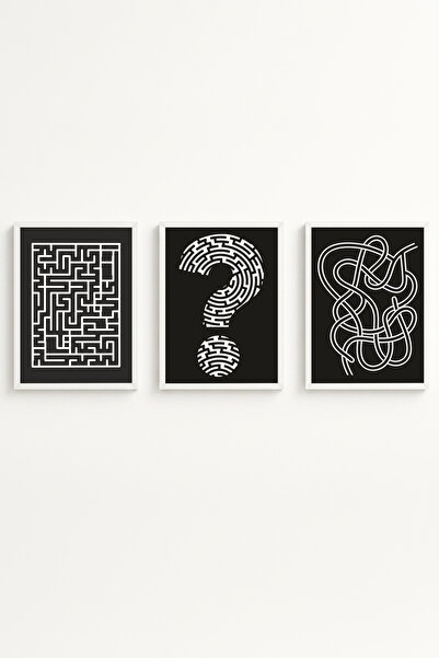 huhuli White Wooden Framed 3-Piece "Thought Maze" Painting Set Huhu570