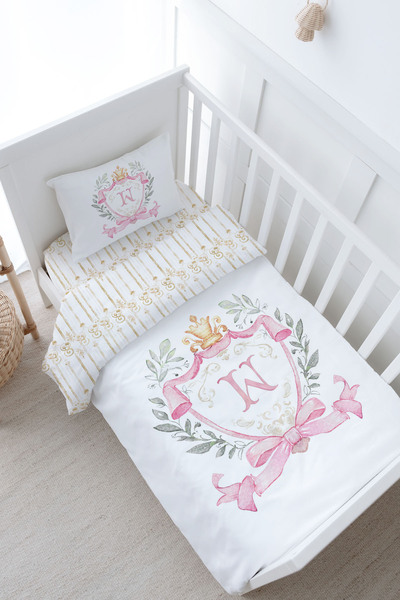 Tuğba Kuğu Baby Size Duvet Cover Set (100X150) - Pink Royal Series - Letter W