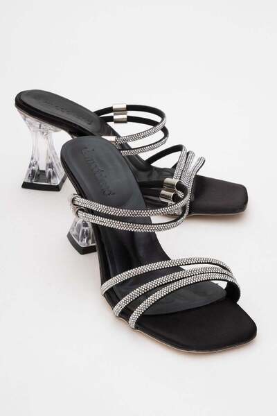 CCWAY AYAKKABI Women's Stoned Heeled Slippers Black Satin
