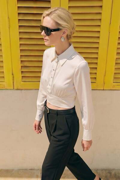 Sateen Button Detailed Satin Blouse - Ecru