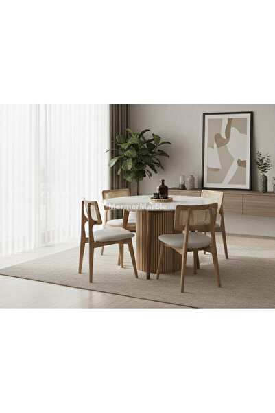 Marb & Home Yuvarlak Doğaltaş Yemek Masası Silindir Ahşap Ayaklı Sandalye Hariç