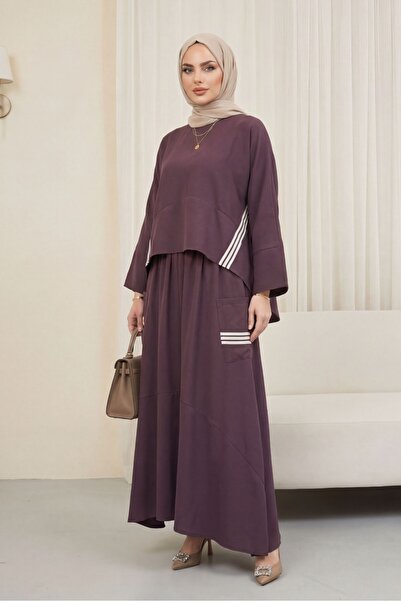 Modamorfo Striped Long Back Skirt with Pockets and Elastic Modal Cotton Set -...