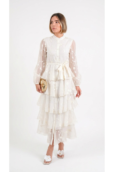 Caddebostan Moda Embroidered High Collar Layered Ruffled Belted Long Dress