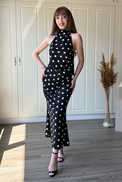 Dilay Gökoğlu Butik Polka Dot Halter Neck Midi Satin Dress with Back Detail