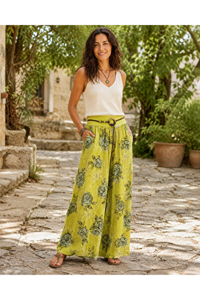 Miss Boheme Pistachio Green Color Floral Patterned Italian Linen Trousers with Belt Detail