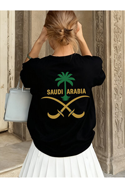 SAUDI قميص قطني 100% للرجال والنساء - تي شيرت فضفاض بياقة دائرية وأكمام قصيرة...