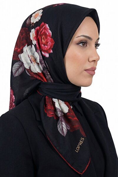 hadiora Women's Black Red Floral Patterned Organic Cotton Soft Scarf