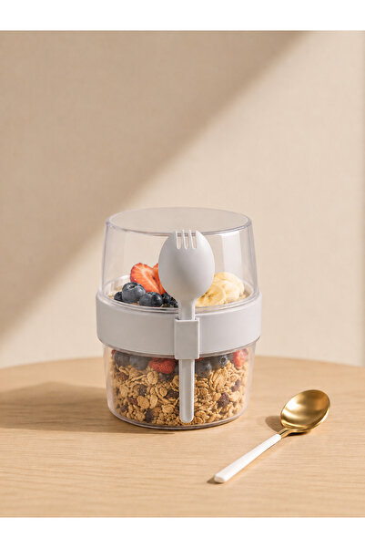 Gri Çatallı Kaşık Atıştırmalık Yemek Yoğurt Müsli Diyet Kabı Taşınabilir Pratik 400 ml Saklama Kabı Kaşıklı