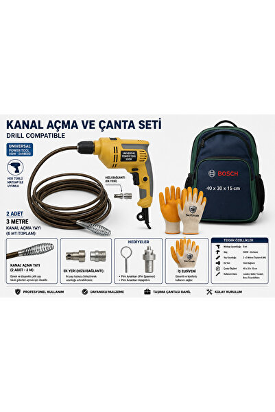 6 Metre Matkaplı Kanal Açma Seti Çantalı | 2x3 Metre Ekli Yay + Baget Açıcı Uç + Pim Anahtarı + Eldiven