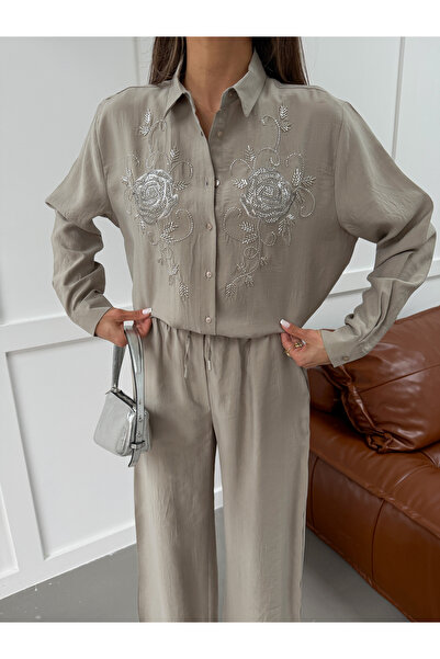 MİA NOURA Women's Shirt with Bead Embroidery on Front, Vorsize Pants, Size Suit