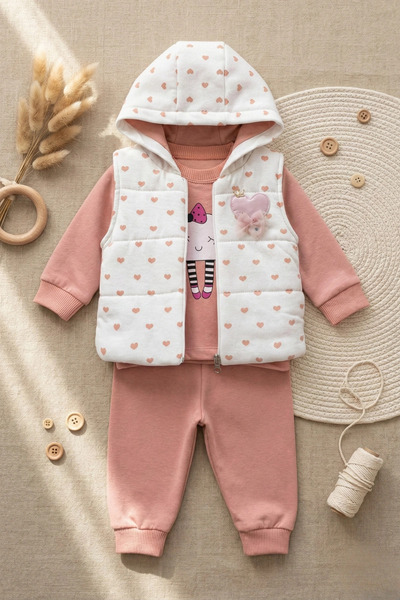 DYZSTAR Seasonal Baby Girl Set with Heart Patterned Vest - Color: Salmon / Si...