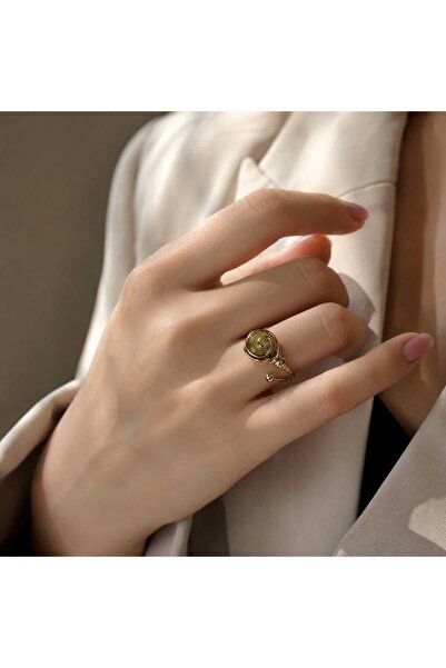 Ivory Pearl Olive Green Natural Stone Gold Color Ring