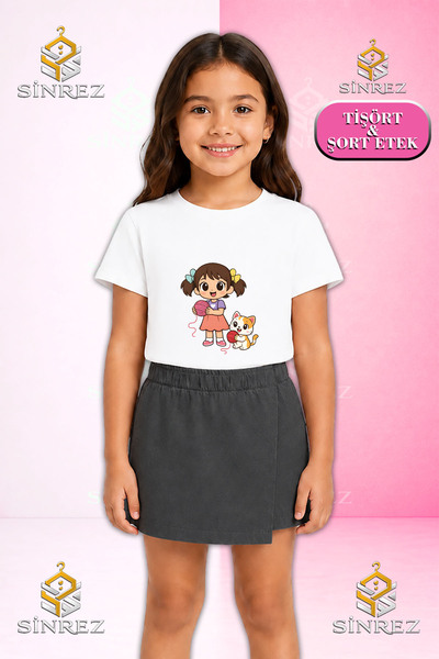 SİNREZ Girl's Set Kiz Kedi Ip Printed Short Sleeve T-Shirt Shorts Skirt