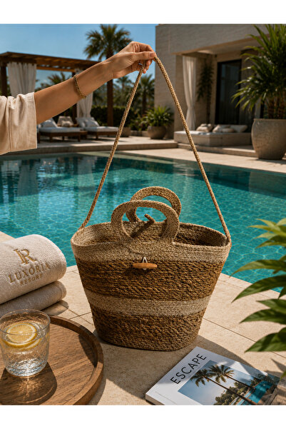 LUCKY CLOVER Wicker Beach Pool and Picnic Bag, Can Be Hanged on the Shoulder,...