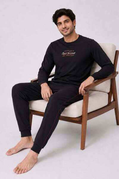 PİJAPİA Men's Long Sleeve 100% Cotton Pajama Set Black