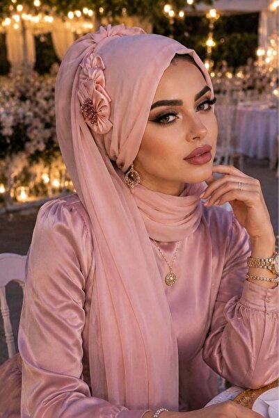Aişe tesettür Powder Satin Floral Detailed Ready-To-Wear Evening Dress Shawl