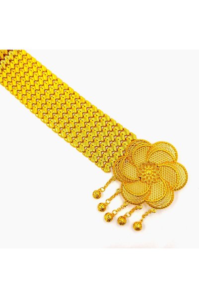 Parılda حزام نسائي مطلي بالذهب من طراز Üzüm (مع حلية/مشبك وردي) - 7 صفوف (Enli)